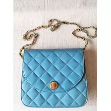 Cartera De Mujer Nueva Cuero Color Celeste 