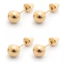 Kit 2 Pares Brinco Bola 4mm Ouro 18k Infantil, Recém Nascido