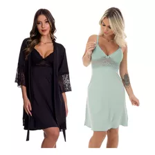 2 Camisola Amamentação Maternidade + Robe Gestante