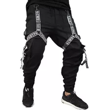 Calça Jogger Preta Sarja Cargo Art Stillo New Combat Branca 