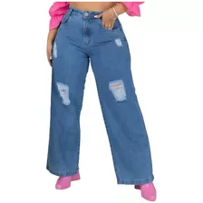 Calça Jeans Feminina Wide Leg Plusize Cintura Alta Blogueira