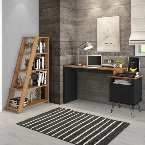 Kit 2 Peças Escrivaninha Com Estante Escada Estilo Wt Amadeirado Freijó Com Preto