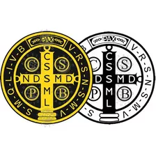 2 Adesivos Medalha De São Bento Preto Amarelo E Branca 10cm
