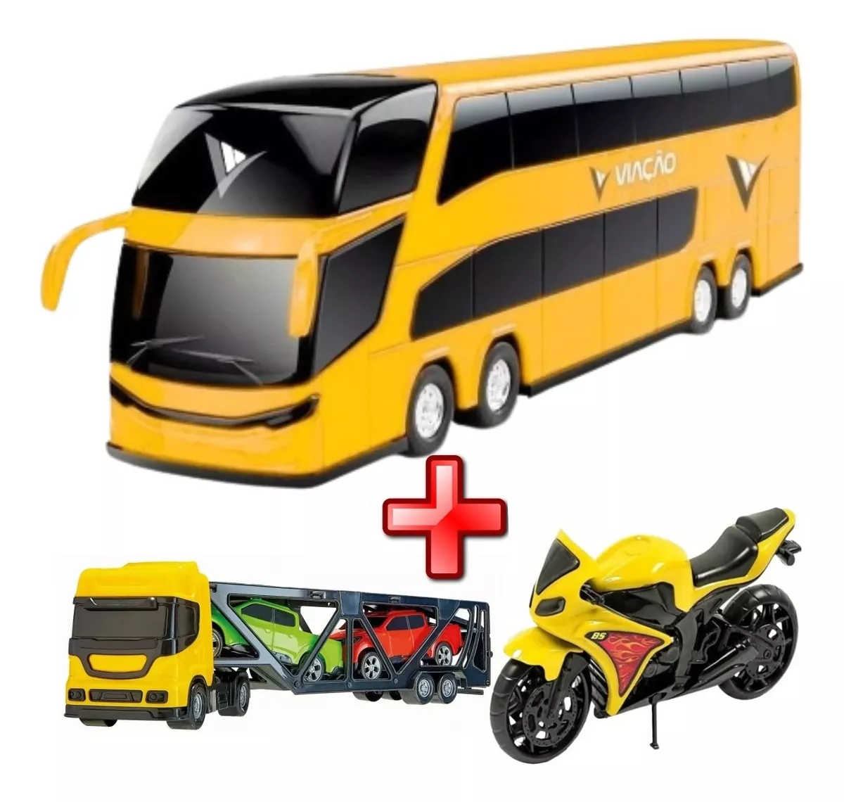 Kit Mini Cegonheira + 2 Carrinhos + Motocicleta + Onibus