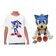 Boneco Pelúcia Sonic 35cm Antialérgico + Camiseta Infantil