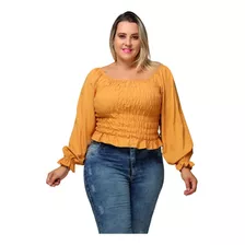 Blusinha Feminino Plus Sizecropped Lastex Manga Longa Blusa 