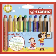 Stabilo Woody 3 En 1 Con 10 Lapiz De Color, Acuarela Y Cera