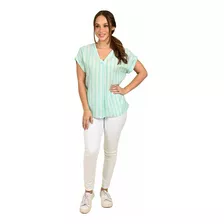 Blusa De Dama Ferrioni Color Aqua Manga Corta De Algodón