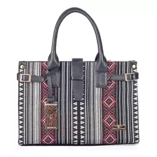 Bolso De Piel Con Detalles De Tela Tejido Étnica Color Negro Diseño De La Tela Samantha Piel Etnico