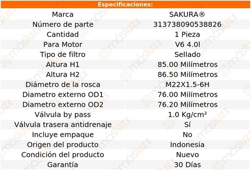 (1) Filtro Aceite Dodge Grand Caravan 4.0l V6 09/10 Sakura Foto 2