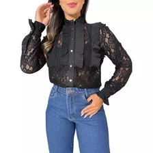 Blusa Feminina Renda Guipir Plissada Rendada Moda Evangelica