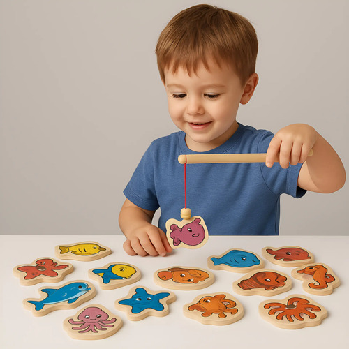 Brinquedo Magnetico Pescaria Jogo Infantil Em Madeira 33 Pçs 33 Pçs