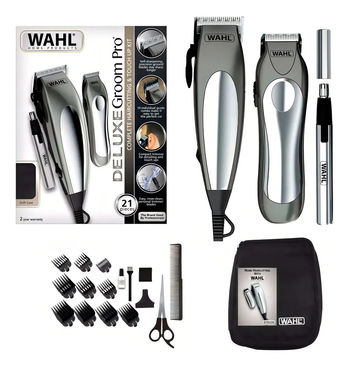 Kit Wahl Maquinas De Corte Deluxe Groom Pro 21 Piezas Color Plateado