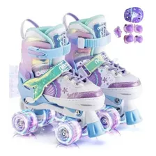 Patins 4 Rodas Infantil Sereia + Kit Proteção Rodas Em Led