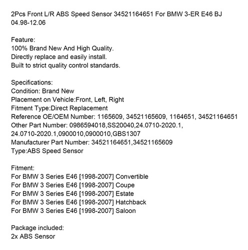 Sensor De Abs L/r Delantero Para Bmw E46 323i 325i 328i M3 Foto 6