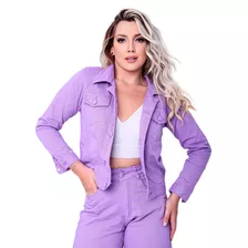 Jaqueta Jeans Feminina Color Com Botões Forrados Blogueira