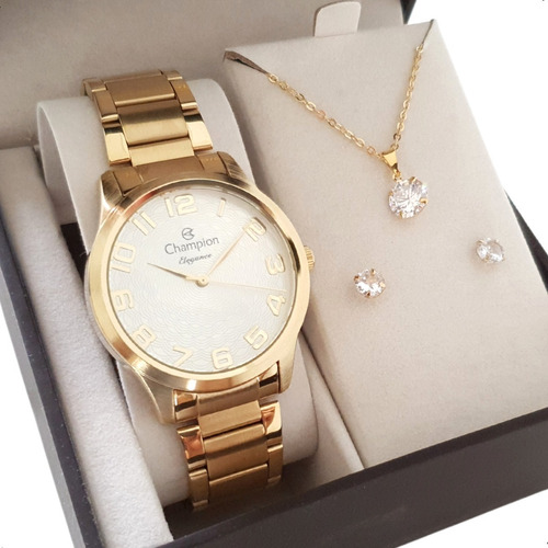 Relógio Champion Feminino Dourado Luxo + Kit Colar Brincos
