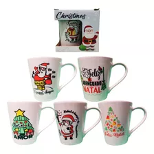 Kit 5 Lembrancinha De Natal Canecas Porcelana Presente Cor Branco Branco Com Desenhos Natalinos