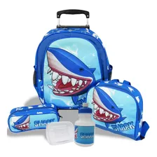 Kit Mochila De Rodinhas Tam M Lancheira Estojo Tubarão Shark