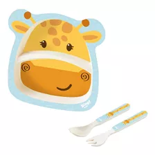 Conjunto Refeição Papinha Bebê Prato Divisória Talher Girafa