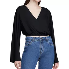 Blusa Cropped Manga Longa Decote V Em Viscose Dzarm