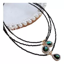 Vintage Green Opal Pendant Obsidian Black Necklace