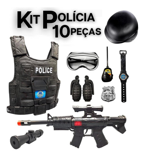 Kit Policial Infantil Capacete Arma Colete + Acessórios
