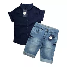 Combo Bermuda Jeans Sarja E Camisa Jeans Menino Infantil