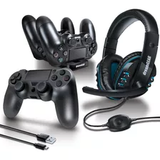 Gamer Kit Para Ps4: Headset, Cargador, Cable, Funda De Mando