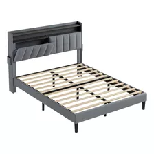 Base De Cama Queen Con Cabecera De Almacenamiento Luces Led Color Gris Oscuro Liso