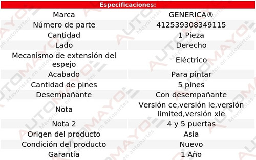 1 Espejo Der Elect P/pintar C/desemp 5 Pines Toyota 04-10 Foto 2