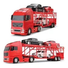 Caminhão Cegonheira Diamond Truck Com 3 Pick Up De Fricção Cor Vermelho