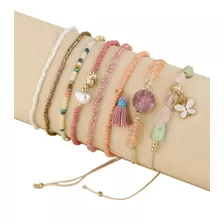 Pulsera Casual Set 8 Pzs Cuencas Redonda + Dije Mariposa Pnl