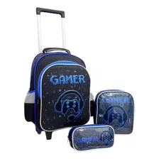 Kit Mochila De Rodinha Infantil Menino Escolar 3 Pçs Gamer