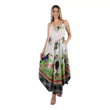 Vestido Indiano Trapézio Tropical 175a Decote V Com Alcinha