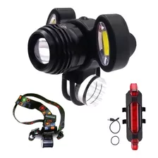 Farol Lanterna Bike 3 Focos Led Zoom + Sinalizador Traseiro Cor Preto