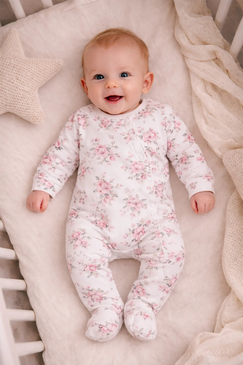 Enterito Osito Bebe 100% Algodon Pijama Manga Larga Blanco Florcitas Rn