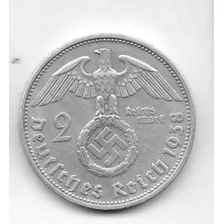 Moneda Alemana Nazi 2 Reichsmark Plata 1938 Serie A 13