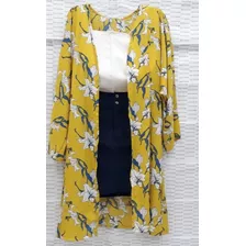 Blusa Kimono Amarelo Estampa Excllusiva Floral Tam P