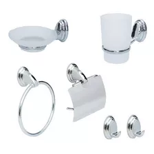 Set Kit Accesorios Baño 6 Pzas Metal Cromado 2 Perchitas