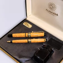 Kit Caneta Ouro 18kt Tinteiro Aurora Optima