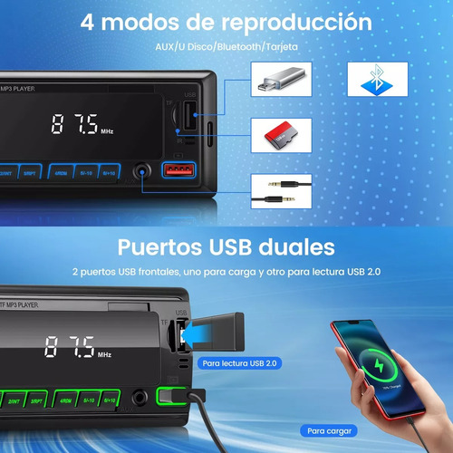 Autoestreo 1 Din Bluetooth Reproductor Mp3 Radio 2 Usb Aux Foto 5