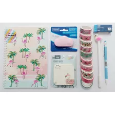 Kit Papelaria Flamingo Caderno Caneta Regua Washi Tape Etc