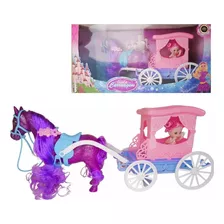 Kit Carruagem Real Para Princesa Rosa Com Cavalo Infantil