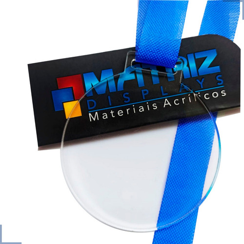 50 Medalhas Redondas 5cm Acrílico Cristal 2mm C/ Fita Azul