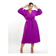 Vestido Midi Crepe Textura Plissada Roxo Dona Charme