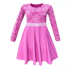 Vestido Infantil Manga Longa Rodado Renda E Faixa Pérolas