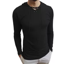 Camiseta Masculina Gola V Rasa Capuz Cordão Manga Longa