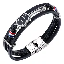 Elegante Pulsera Tejida Cuero Y Acero Inox Guitarra Musica