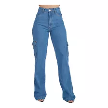 Calça Jeans Wide Leg Cargo Bolso Lateral Azul Premium